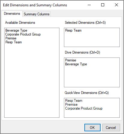 The Edit Dimensions dialog for the Ad Hoc page.